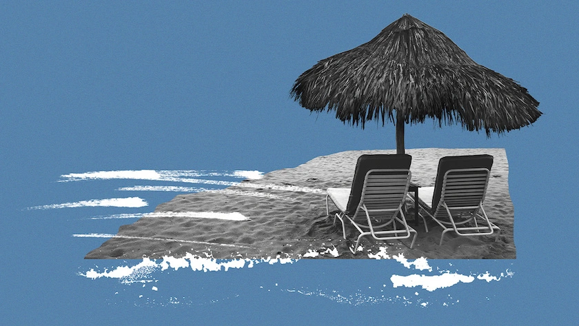 Two beach chairs under a palm umbrella on a blue background.