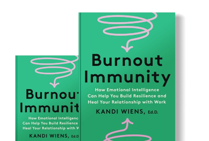 Two photos of the cover of Dr. Kandi Wiens' burnout book, Burnout Immunity.